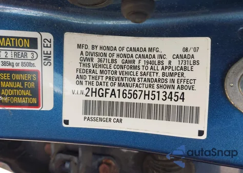 2007 Honda Civic Lx z USA, uszkodzony, nr VIN 2HGFA16567H513454